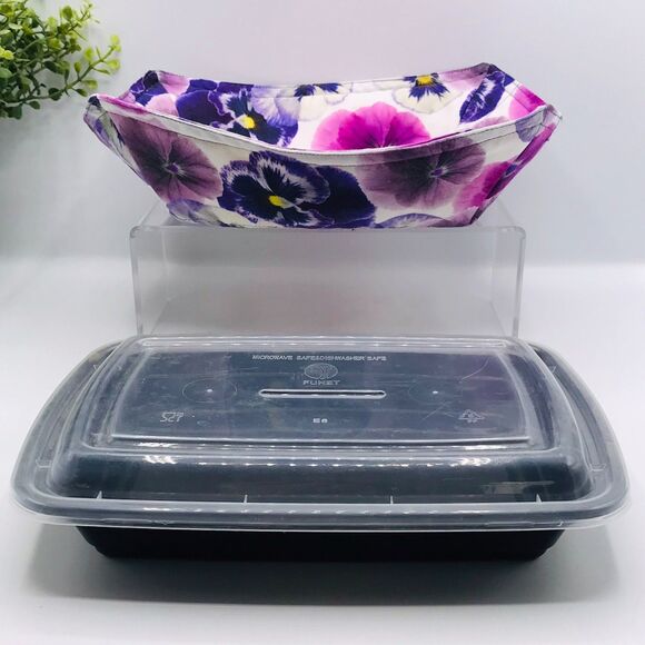 Microwave Takeout Container Cozy! Cozy For Takeout Purple Pansy Print Cottage - Picture 2 of 6